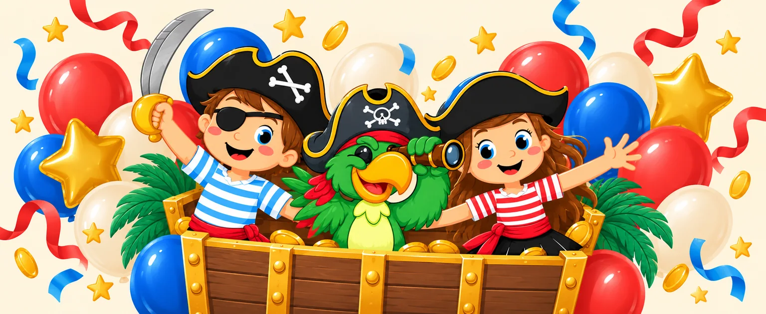 Illustrated pirate children and parrot side by side among colourful birthday balloons and confetti.